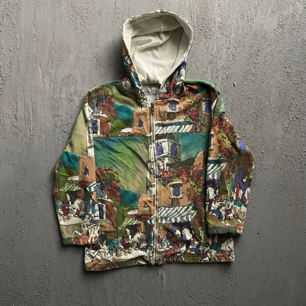 Vintage Michael Leu Art Print Zip‎ Up Hoodie Unisex Small Multicolor 90s
